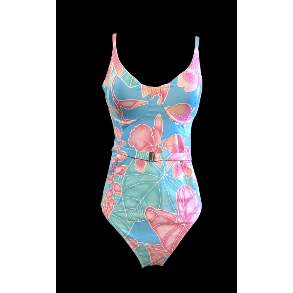 Kenny Flowers Women M/L One Piece Swimsuit Belt Hibiscus Vacay Resort Cruise NWT - Picture 4 of 10